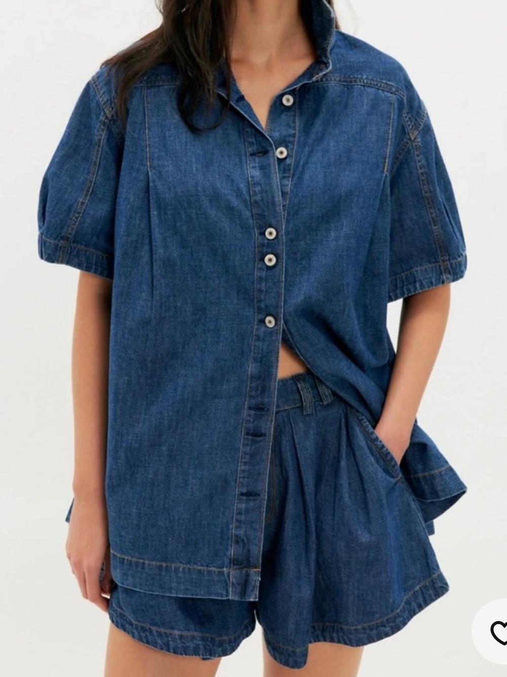 Free People Griselda Denim Button-Front Short Sleeve Shirt - Blue